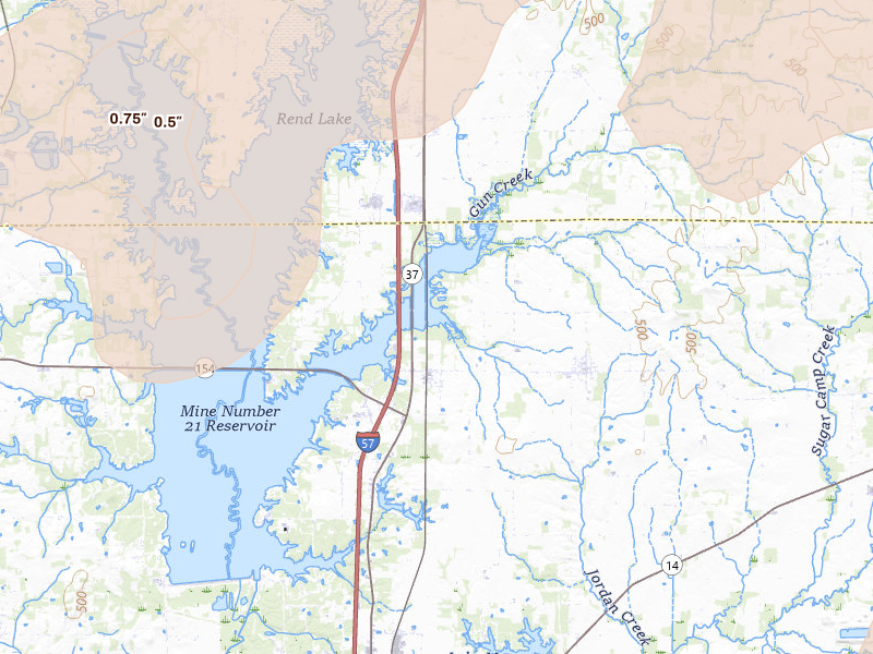 Radar-estimated hail-size map of the storm over Whittington, IL on Apr 27, 2026