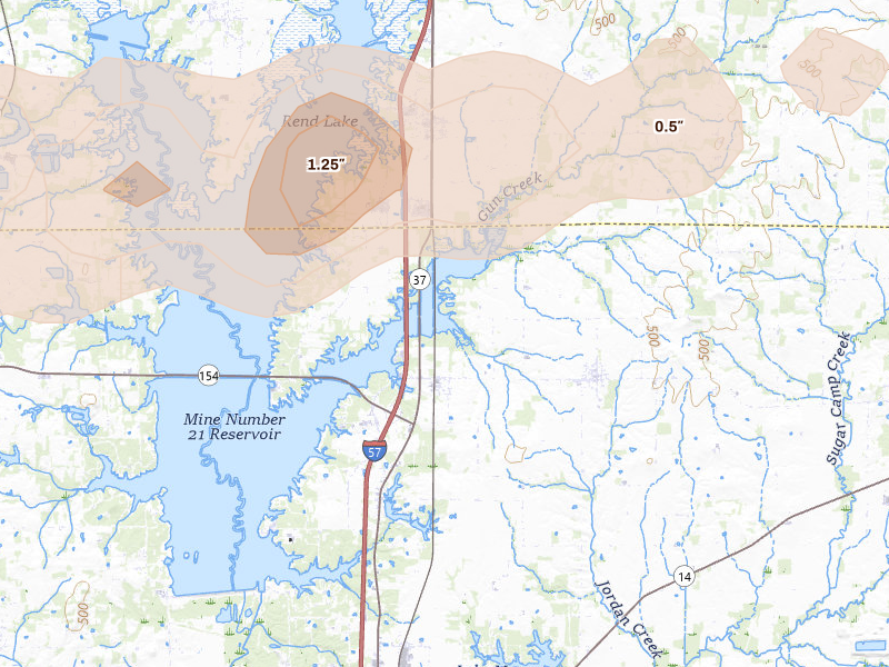 Radar-estimated hail-size map of the storm over Whittington, IL on Jun 16, 2026