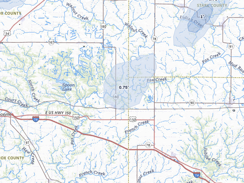 NEXRAD radar-signature map of the hail storm over Williamsfield, IL on Jul 3, 2026