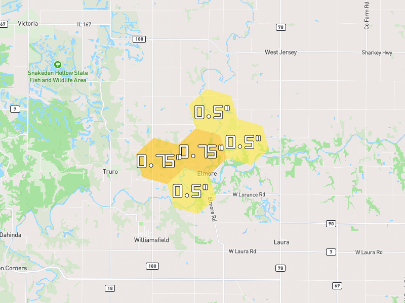 Hail map of Williamsfield, IL on Jul 3, 2026, hail up to 0.75"