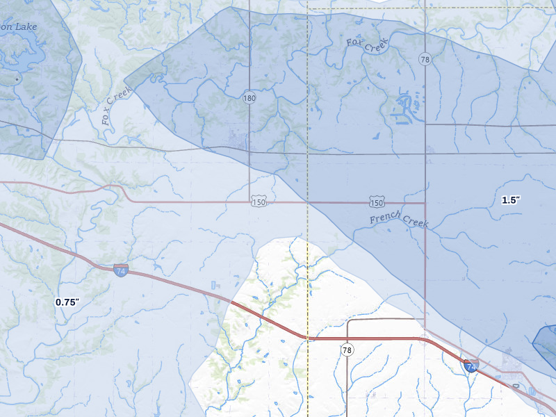 NEXRAD radar-signature map of the hail storm over Williamsfield, IL on Aug 13, 2026
