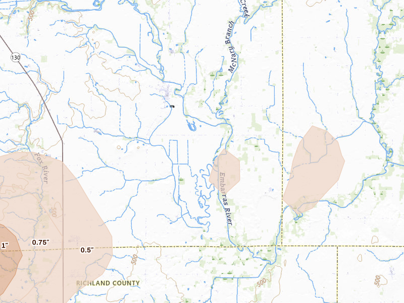 Radar-estimated hail-size map of the storm over Willow Hill, IL on May 16, 2026