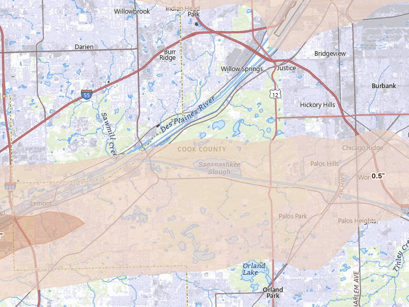 Radar-estimated hail-size map of the storm over Willow Springs, IL on Mar 30, 2026