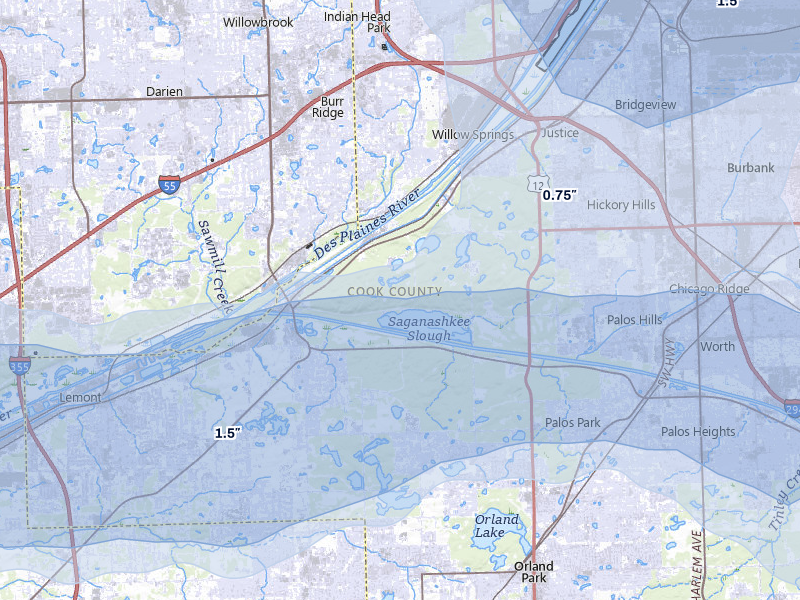 NEXRAD radar-signature map of the hail storm over Willow Springs, IL on Mar 30, 2026