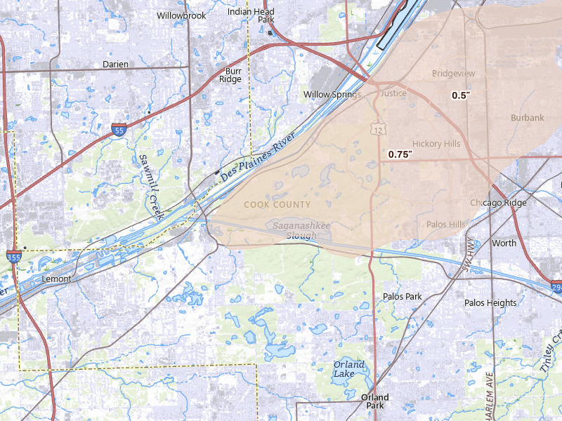 Radar-estimated hail-size map of the storm over Willow Springs, IL on Jul 3, 2026