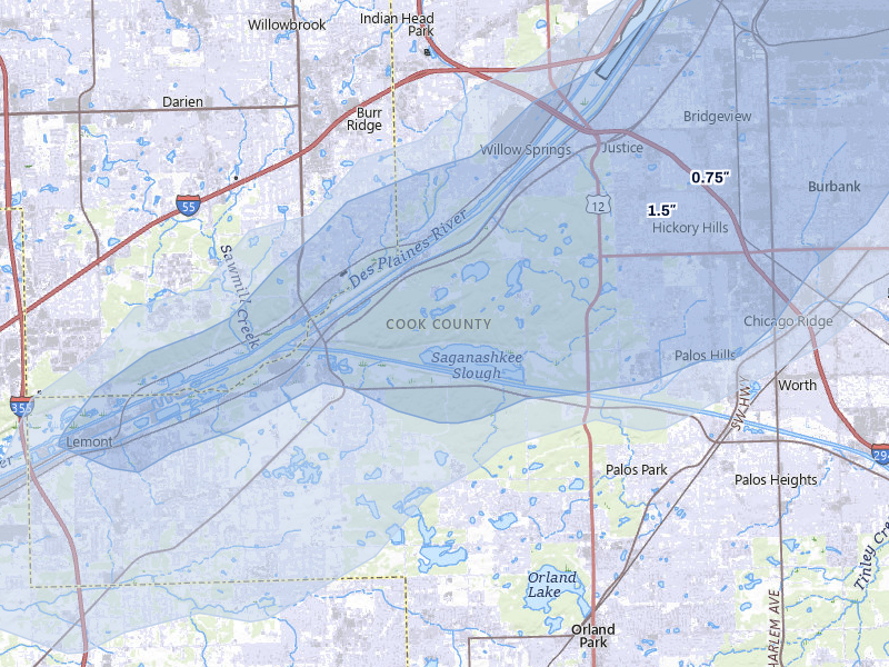 NEXRAD radar-signature map of the hail storm over Willow Springs, IL on Jul 3, 2026