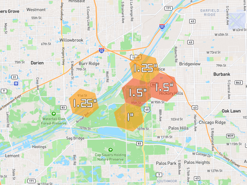 Hail map of Willow Springs, IL on Jul 3, 2026, hail up to 1.5"