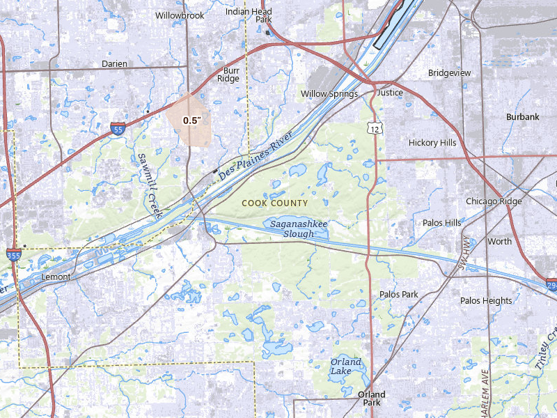 Radar-estimated hail-size map of the storm over Willow Springs, IL on Jul 18, 2026