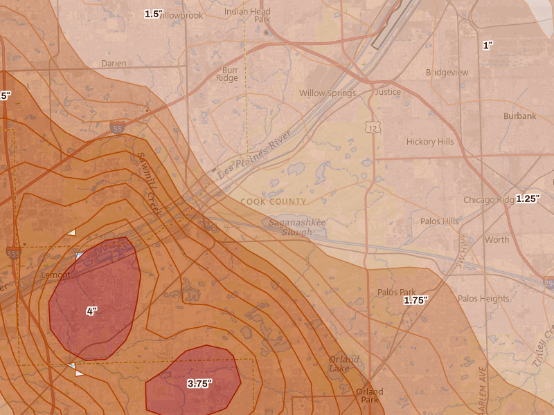 Radar-estimated hail-size map of the storm over Willow Springs, IL on Jul 27, 2026