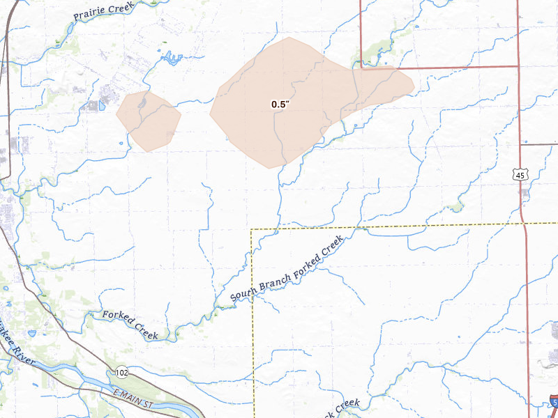 Radar-estimated hail-size map of the storm over Wilmington, IL on May 4, 2026