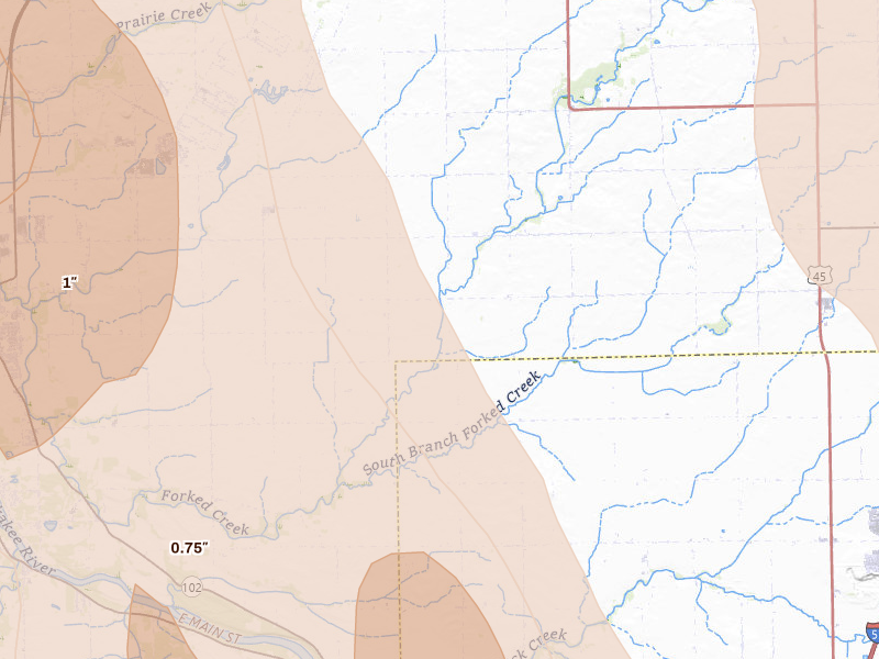 Radar-estimated hail-size map of the storm over Wilmington, IL on Jul 27, 2026