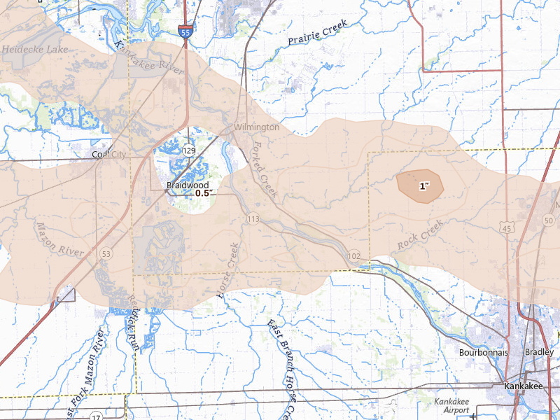 Radar-estimated hail-size map of the storm over Wilmington, IL on Aug 11, 2026