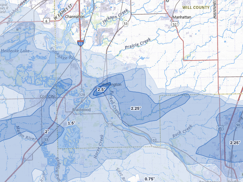 NEXRAD radar-signature map of the hail storm over Wilmington, IL on Aug 11, 2026
