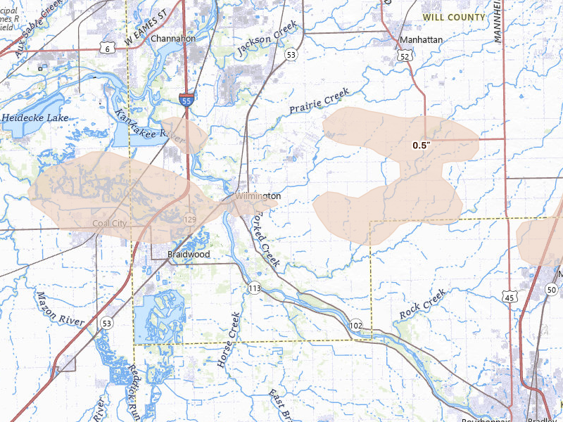 Radar-estimated hail-size map of the storm over Wilmington, IL on Aug 12, 2026