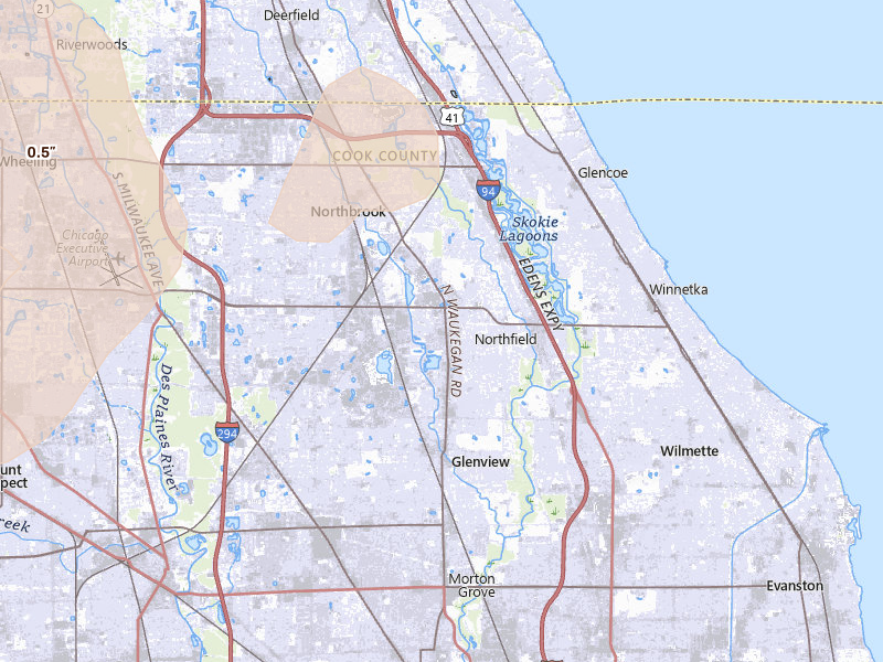 Radar-estimated hail-size map of the storm over Winnetka, IL