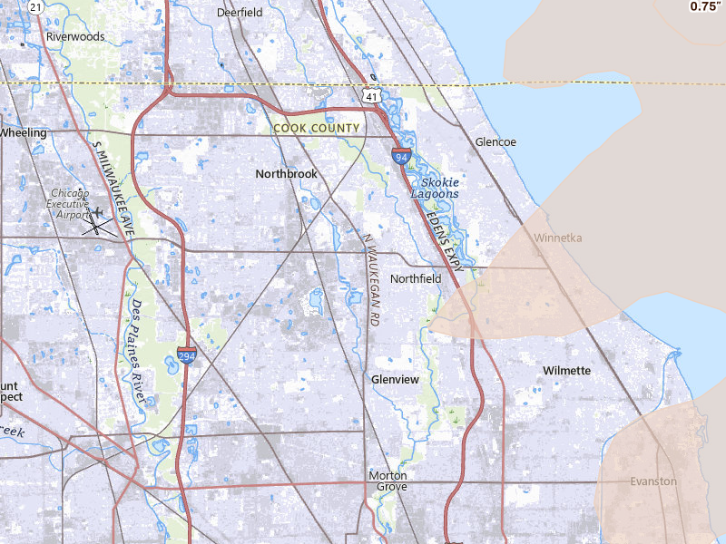 Radar-estimated hail-size map of the storm over Winnetka, IL on Jul 2, 2026