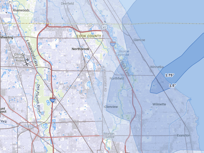NEXRAD radar-signature map of the hail over Winnetka, IL