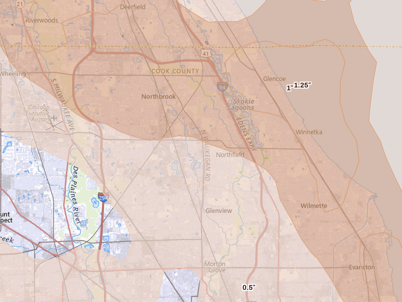 Radar-estimated hail-size map of the storm over Winnetka, IL on Jul 27, 2026