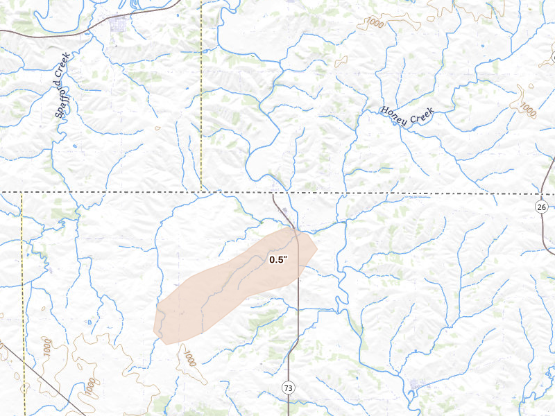 Radar-estimated hail-size map of the storm over Winslow, IL on Apr 15, 2026