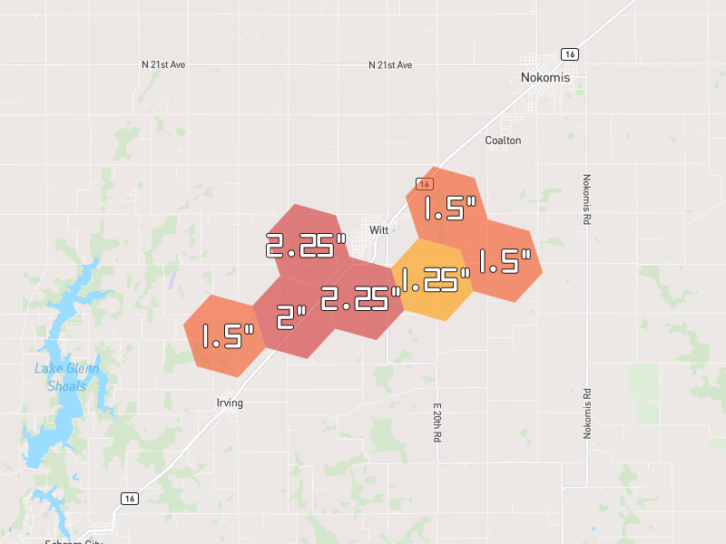 Hail map of Witt, IL on Jul 9, 2026, hail up to 2.25"