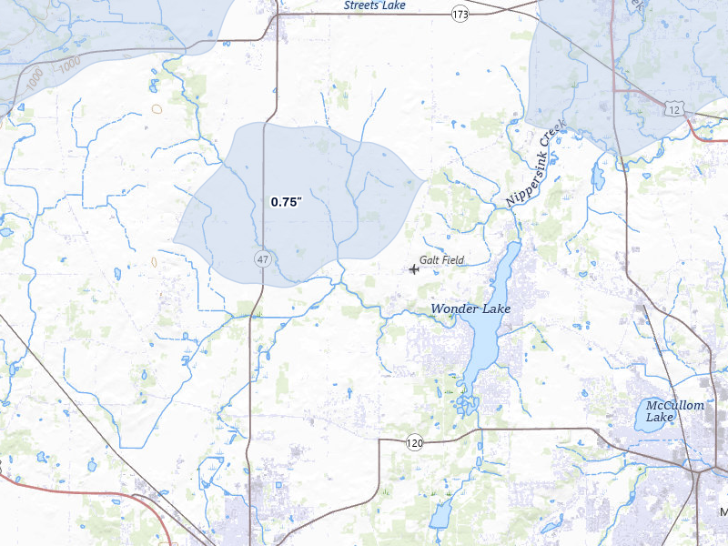 NEXRAD radar-signature map of the hail over Wonder Lake, IL