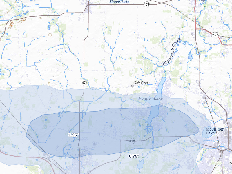 NEXRAD radar-signature map of the hail over Wonder Lake, IL