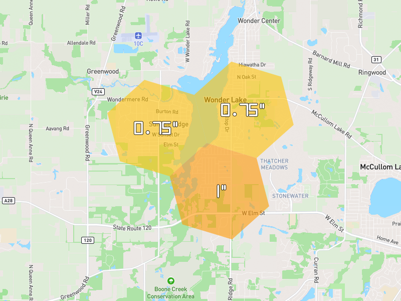 Hail map of Wonder Lake, IL on Jun 6, 2026, hail up to 1"