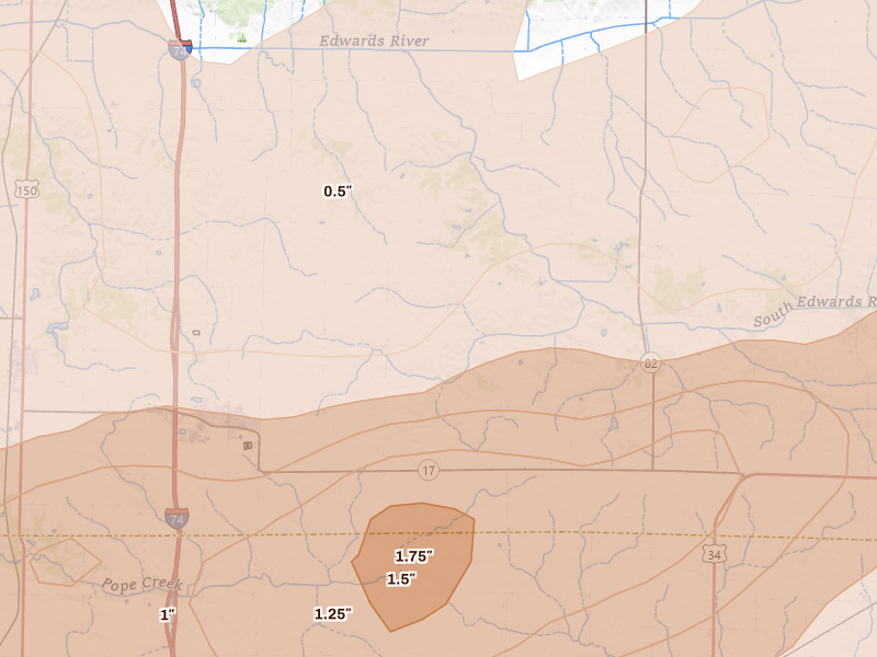 Radar-estimated hail-size map of the storm over Woodhull, IL on Mar 10, 2026