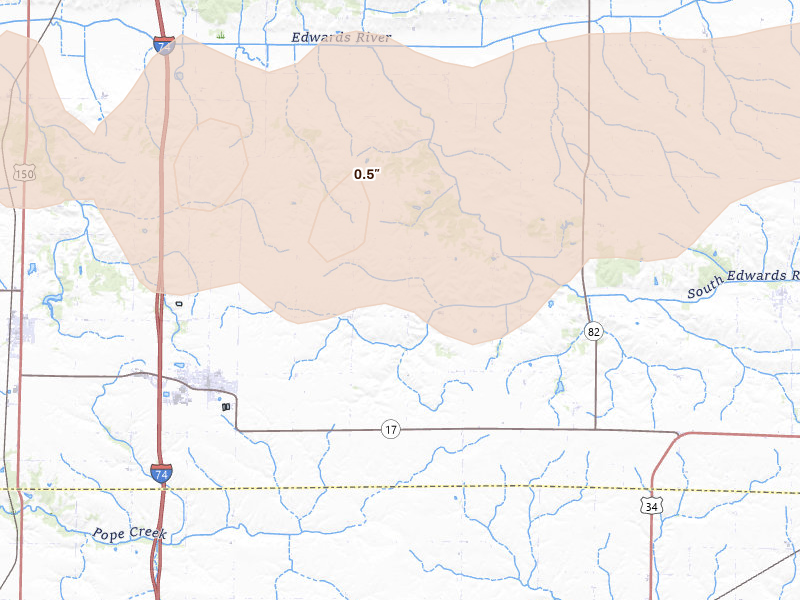 Radar-estimated hail-size map of the storm over Woodhull, IL on Jun 5, 2026