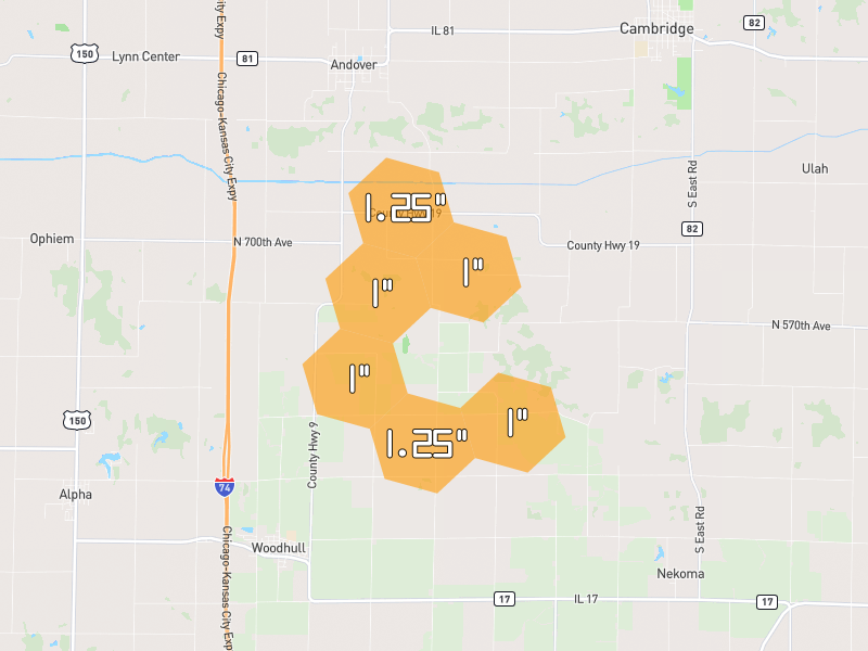 Hail map of Woodhull, IL on Jun 6, 2026, hail up to 1.25"