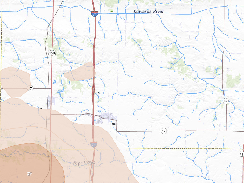 Radar-estimated hail-size map of the storm over Woodhull, IL on Aug 12, 2026