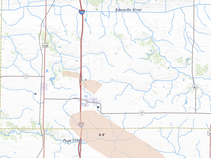 Radar-estimated hail-size map of the storm over Woodhull, IL on Aug 21, 2026