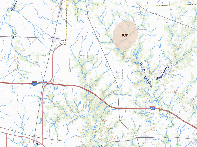 Radar-estimated hail-size map of the storm over Woodlawn, IL on Jul 8, 2026