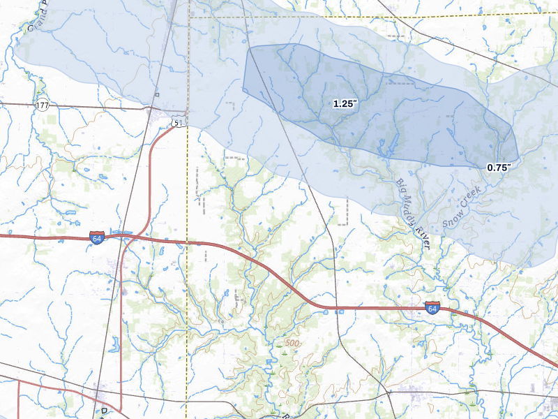 NEXRAD radar-signature map of the hail storm over Woodlawn, IL on Jul 8, 2026