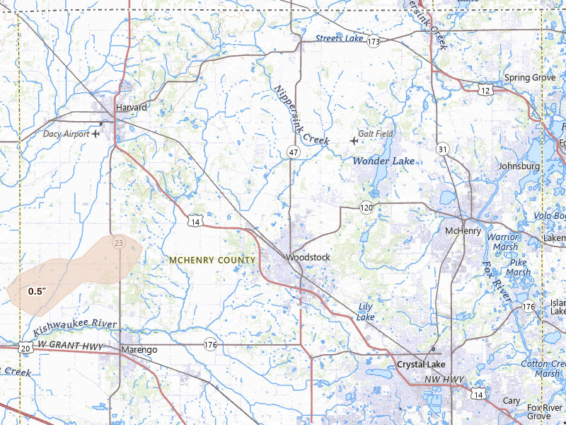 Radar-estimated hail-size map of the storm over Woodstock, IL on Mar 30, 2026