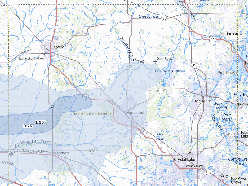 NEXRAD radar-signature map of the hail storm over Woodstock, IL on Mar 30, 2026