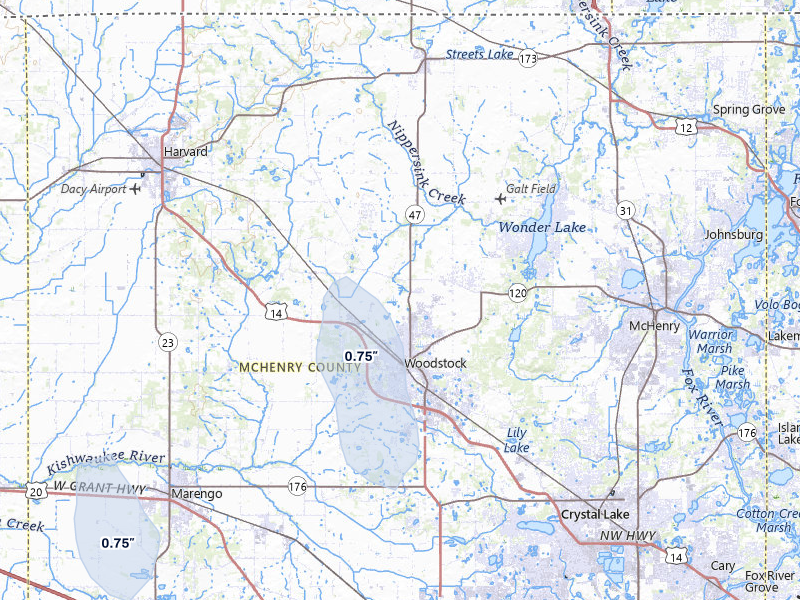 NEXRAD radar-signature map of the hail storm over Woodstock, IL on Apr 2, 2026