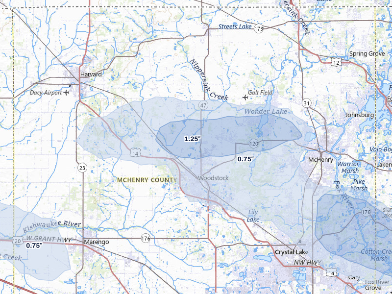 NEXRAD radar-signature map of the hail storm over Woodstock, IL on Jun 5, 2026