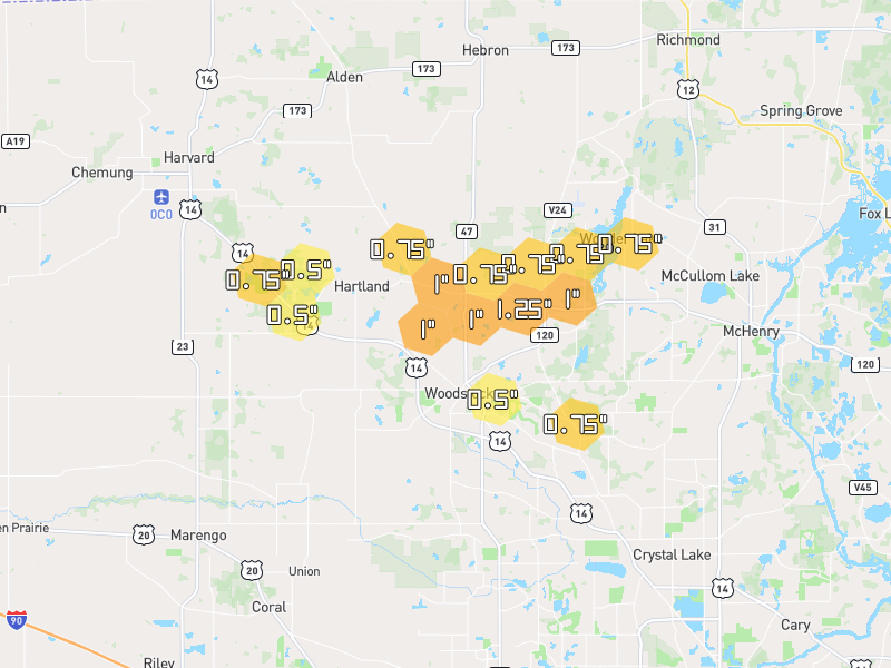 Hail map of Woodstock, IL on Jun 6, 2026, hail up to 1.25"