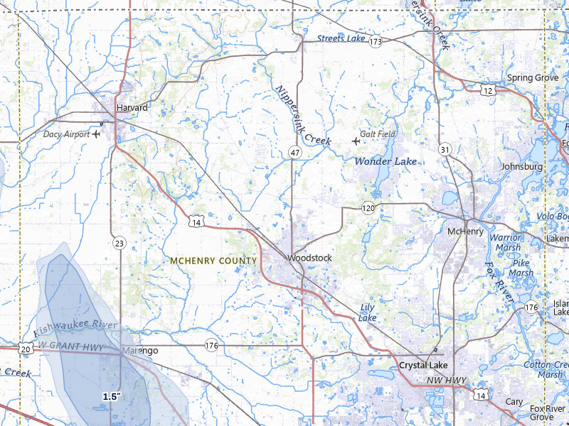 NEXRAD radar-signature map of the hail storm over Woodstock, IL on Jul 27, 2026