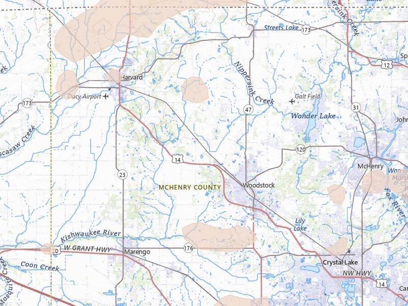 Radar-estimated hail-size map of the storm over Woodstock, IL on Aug 9, 2026