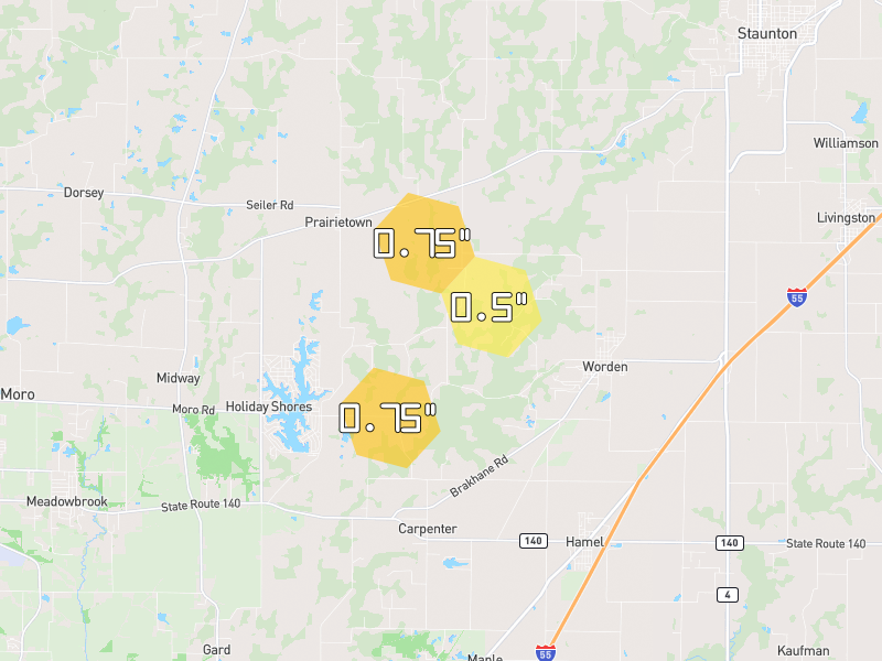 Hail map of Worden, IL on Jun 1, 2026, hail up to 0.75"