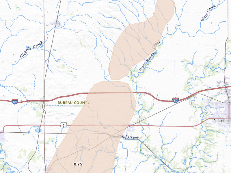 Radar-estimated hail-size map of the storm over Wyanet, IL on Apr 17, 2026
