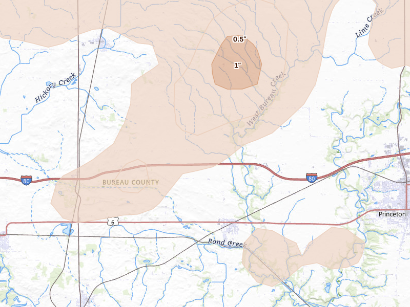 Radar-estimated hail-size map of the storm over Wyanet, IL on Jul 3, 2026