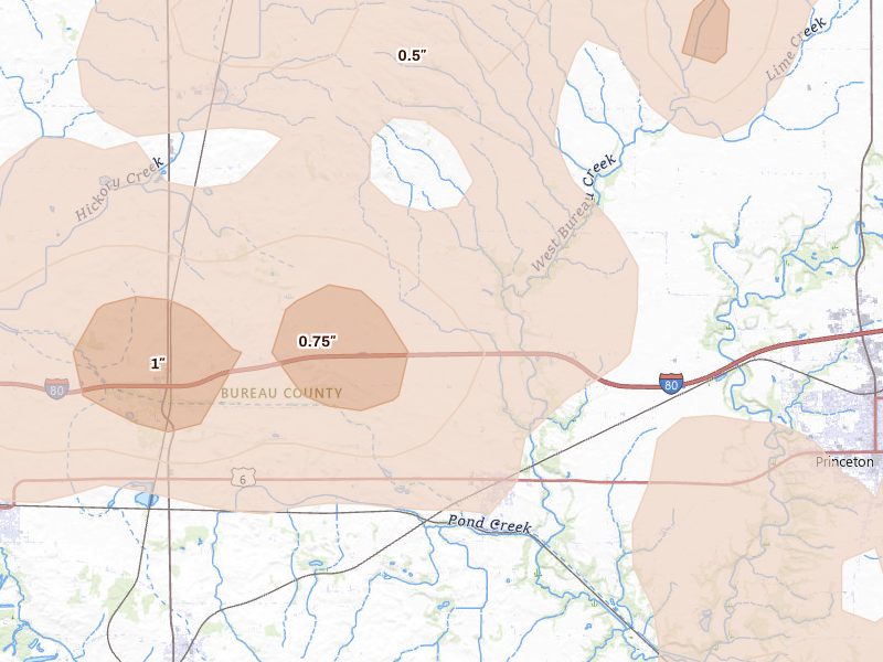 Radar-estimated hail-size map of the storm over Wyanet, IL on Aug 11, 2026