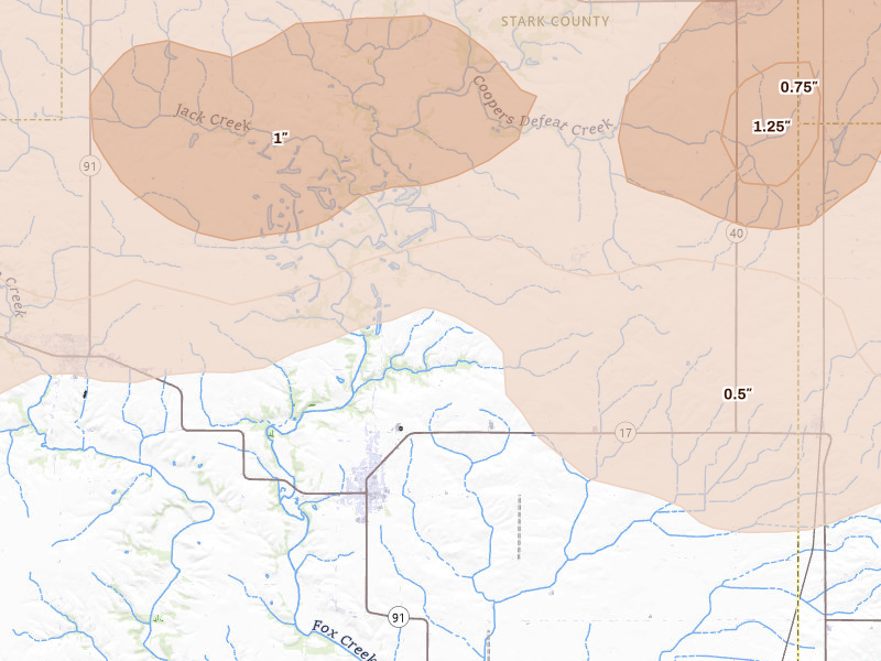 Radar-estimated hail-size map of the storm over Wyoming, IL on Mar 10, 2026