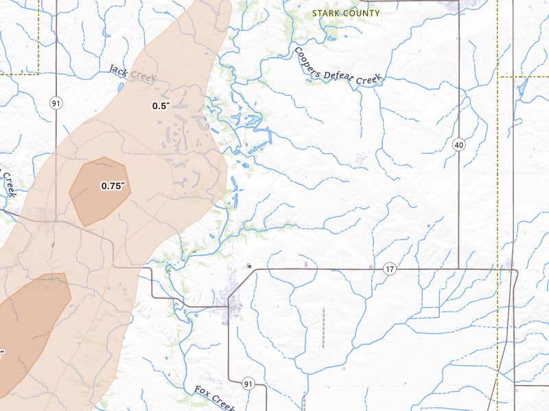 Radar-estimated hail-size map of the storm over Wyoming, IL on Apr 17, 2026