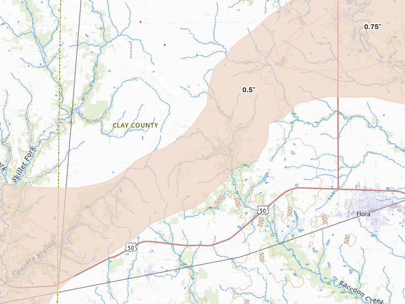 Radar-estimated hail-size map of the storm over Xenia, IL on May 16, 2026