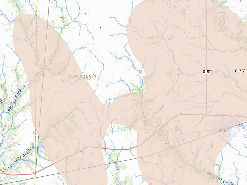 Radar-estimated hail-size map of the storm over Xenia, IL on Jul 26, 2026