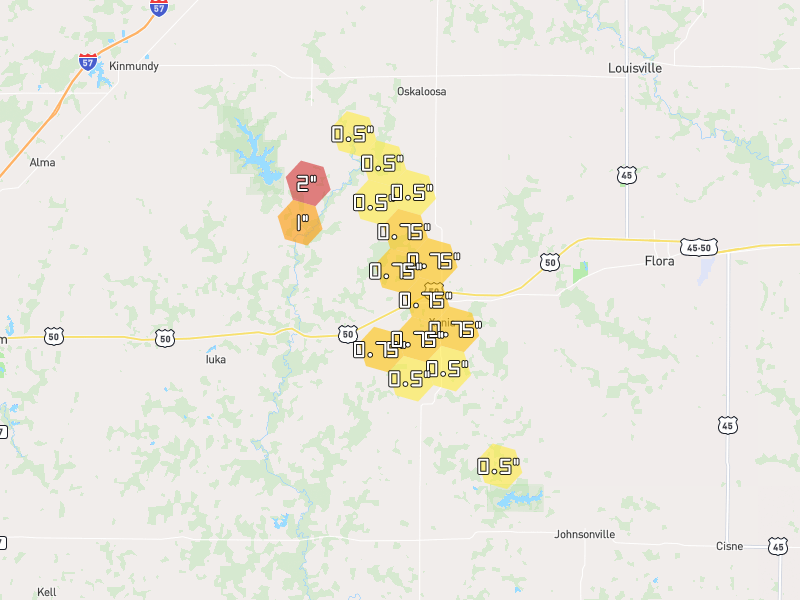 Hail map of Xenia, IL on Jul 26, 2026, hail up to 2"